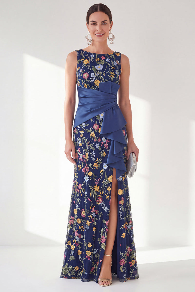 Load image into Gallery viewer, Mermaid Navy Ruched Floral Long Mother of the Bride Dress with Slit