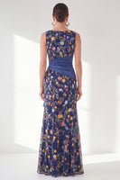 Load image into Gallery viewer, Mermaid Navy Ruched Floral Long Mother of the Bride Dress with Slit