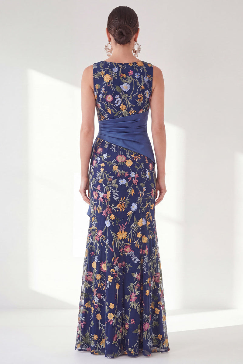Load image into Gallery viewer, Mermaid Navy Ruched Floral Long Mother of the Bride Dress with Slit