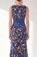 Load image into Gallery viewer, Mermaid Navy Ruched Floral Long Mother of the Bride Dress with Slit