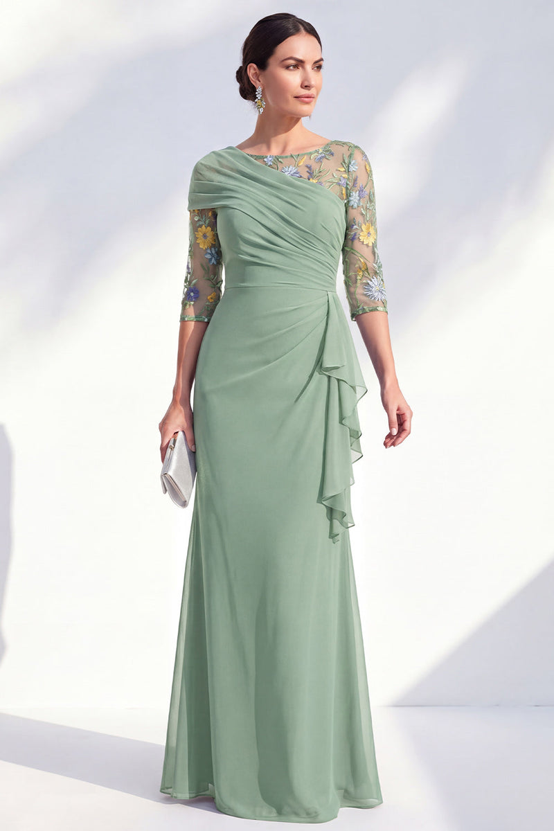 Load image into Gallery viewer, Green Ruched Floral Mermaid Long Mother of the Bride Dress with Ruffles