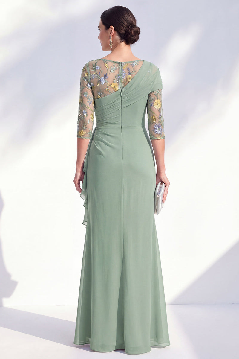 Load image into Gallery viewer, Green Ruched Floral Mermaid Long Mother of the Bride Dress with Ruffles