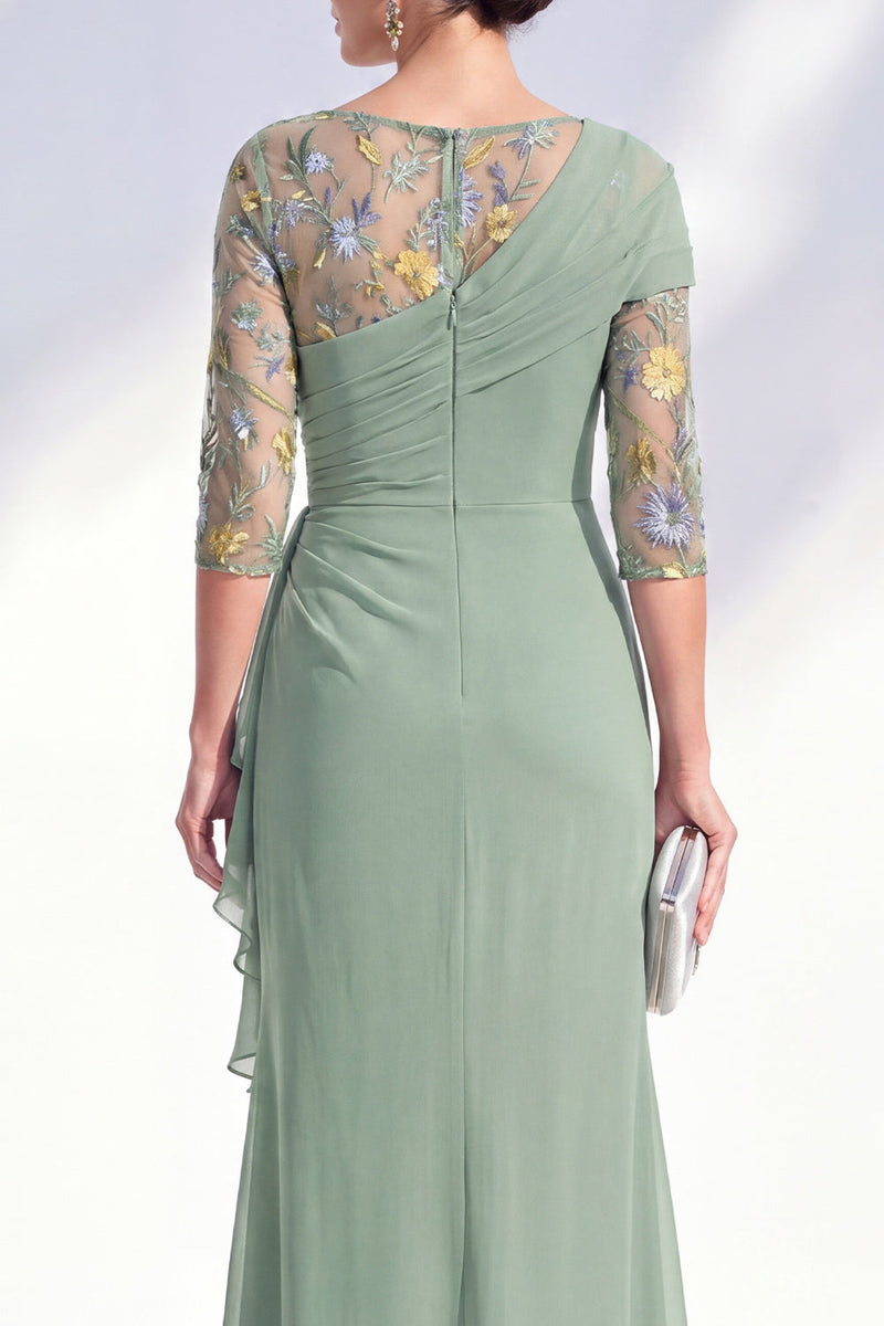 Load image into Gallery viewer, Green Ruched Floral Mermaid Long Mother of the Bride Dress with Ruffles