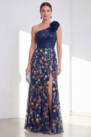 Load image into Gallery viewer, A Line Floral Sparkly Navy Long Mother of the Bride Dress with Slit