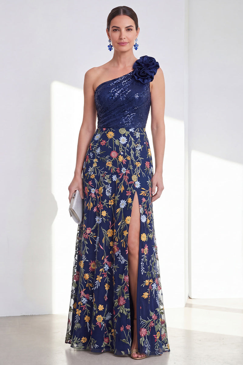 Load image into Gallery viewer, A Line Floral Sparkly Navy Long Mother of the Bride Dress with Slit