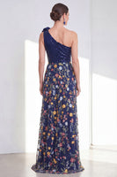 Load image into Gallery viewer, A Line Floral Sparkly Navy Long Mother of the Bride Dress with Slit