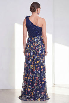 A Line Floral Sparkly Navy Long Mother of the Bride Dress with Slit
