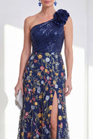 Load image into Gallery viewer, A Line Floral Sparkly Navy Long Mother of the Bride Dress with Slit
