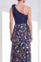 Load image into Gallery viewer, A Line Floral Sparkly Navy Long Mother of the Bride Dress with Slit