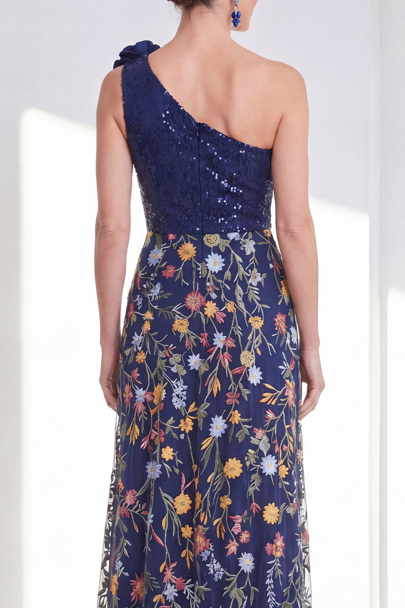 Load image into Gallery viewer, A Line Floral Sparkly Navy Long Mother of the Bride Dress with Slit