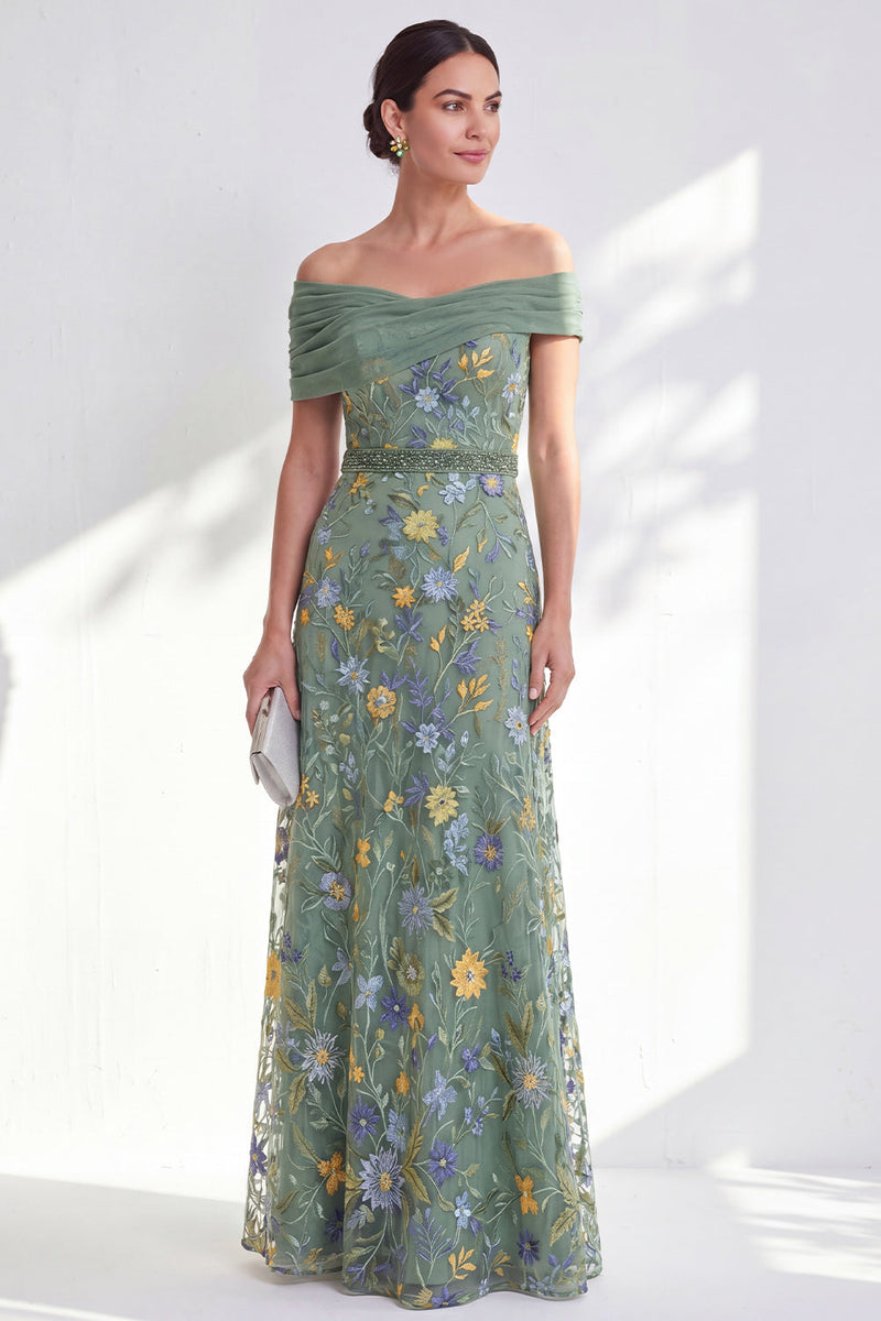Load image into Gallery viewer, Floral Green Beaded Ruched Long Mother of the Bride Dress