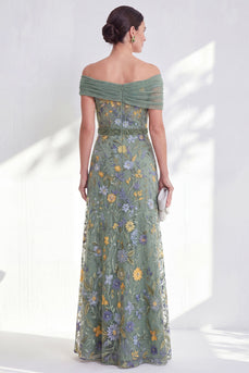 Floral Green Beaded Ruched Long Mother of the Bride Dress