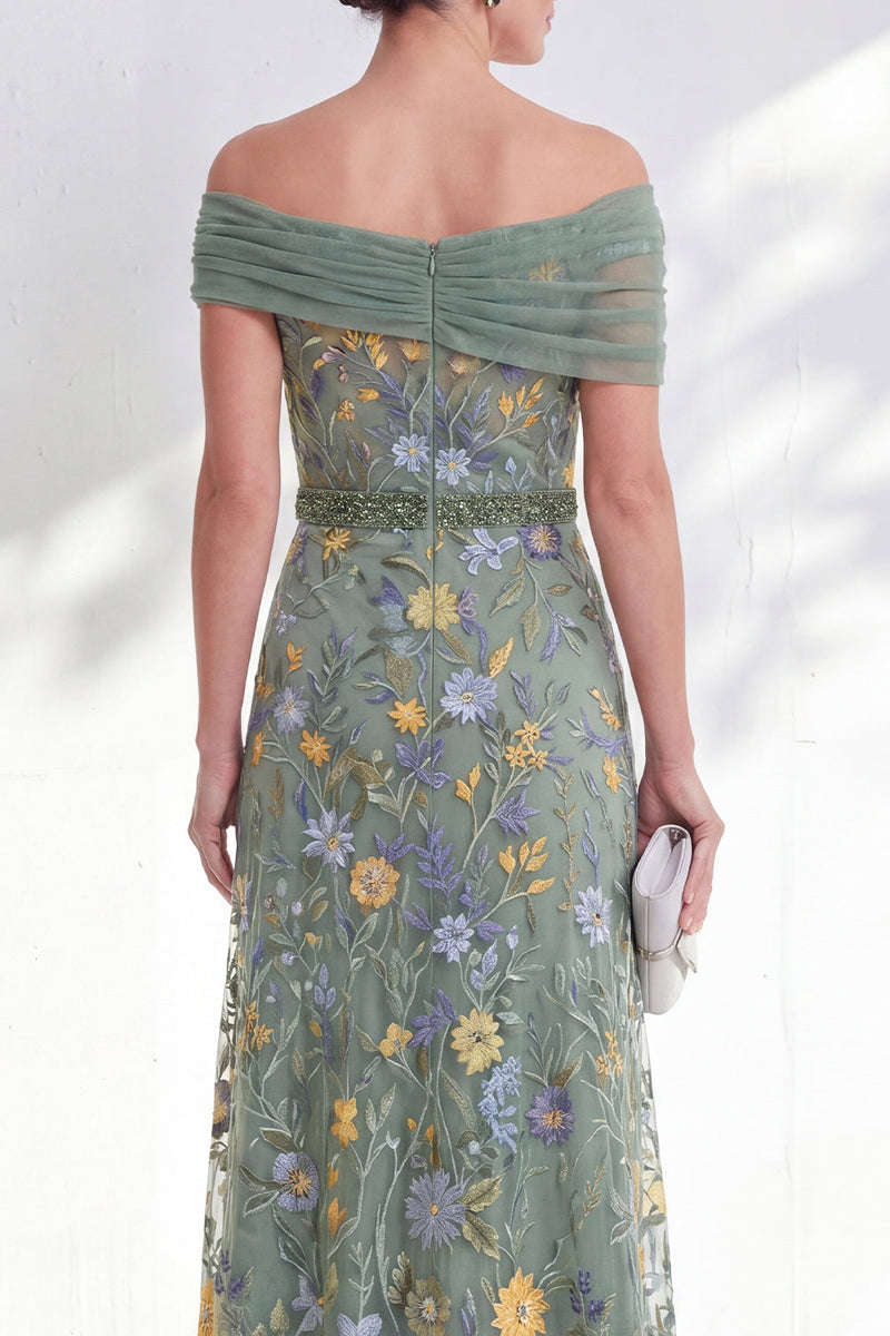 Load image into Gallery viewer, Floral Green Beaded Ruched Long Mother of the Bride Dress