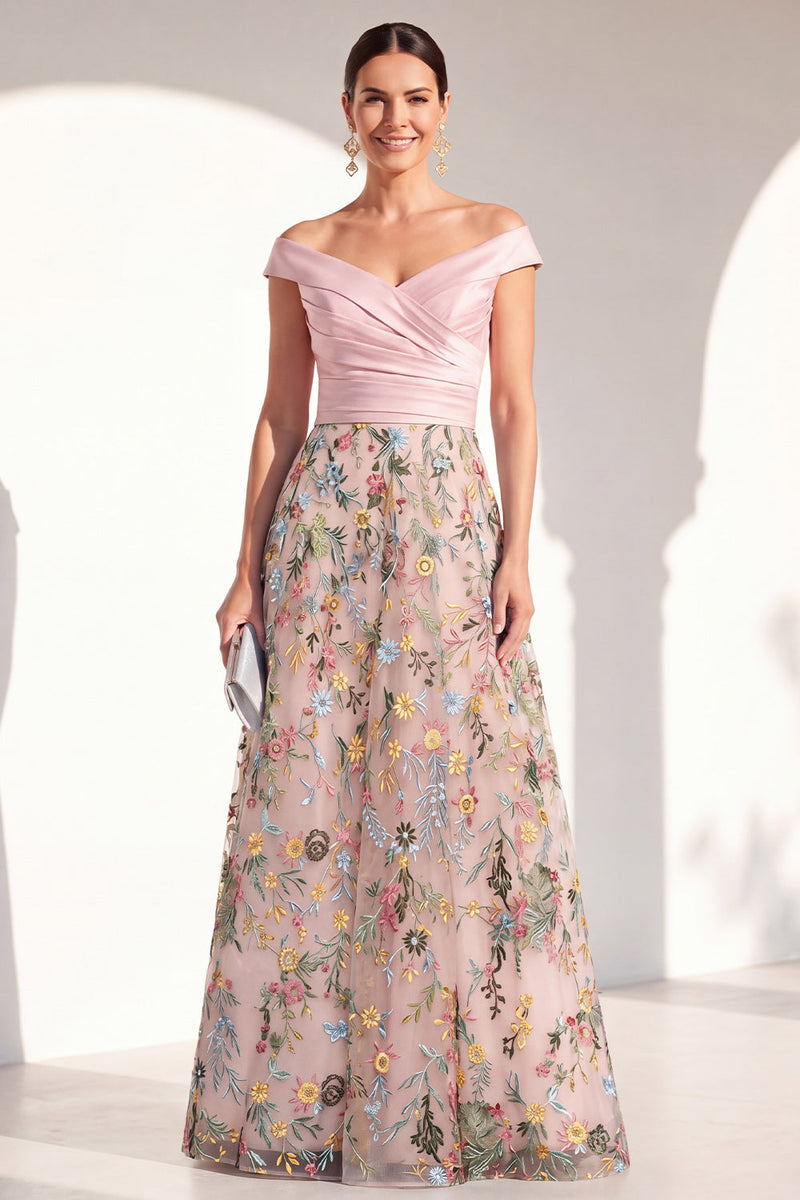 Load image into Gallery viewer, Off the Shoulder Floral Green Ruched Long Mother of the Bride Dress