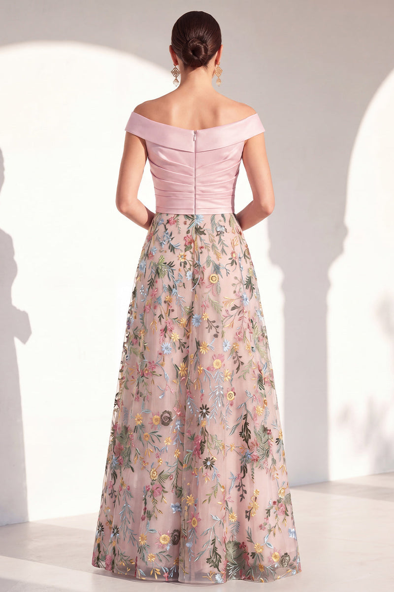 Load image into Gallery viewer, Off the Shoulder Floral Green Ruched Long Mother of the Bride Dress