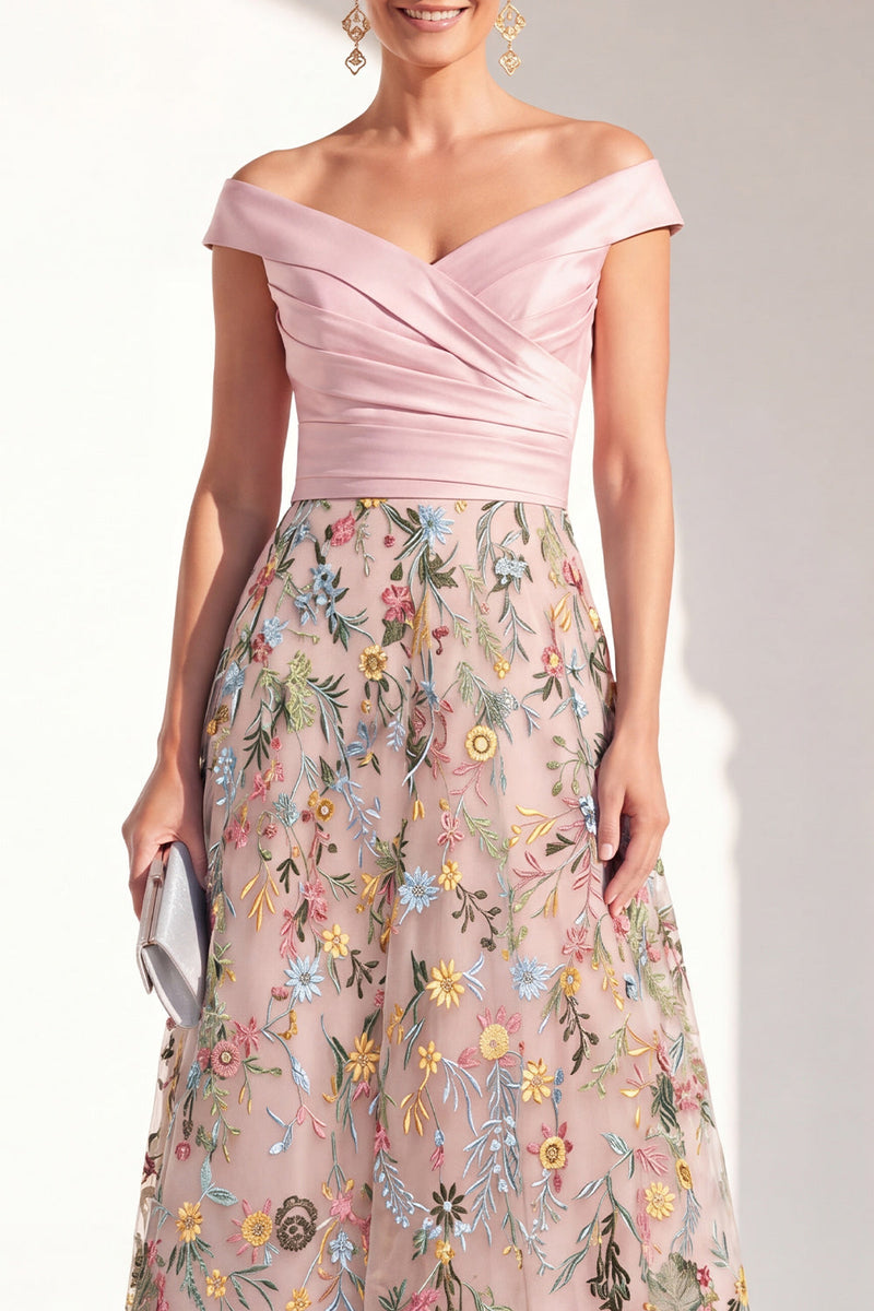Load image into Gallery viewer, Off the Shoulder Floral Green Ruched Long Mother of the Bride Dress