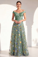 Load image into Gallery viewer, Off the Shoulder Floral Green Ruched Long Mother of the Bride Dress