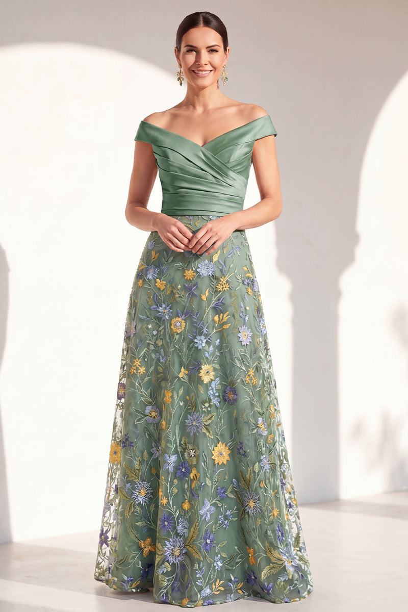 Load image into Gallery viewer, Off the Shoulder Floral Green Ruched Long Mother of the Bride Dress