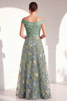 Load image into Gallery viewer, Off the Shoulder Floral Green Ruched Long Mother of the Bride Dress