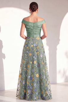 Off the Shoulder Floral Green Ruched Long Mother of the Bride Dress
