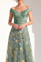 Load image into Gallery viewer, Off the Shoulder Floral Green Ruched Long Mother of the Bride Dress