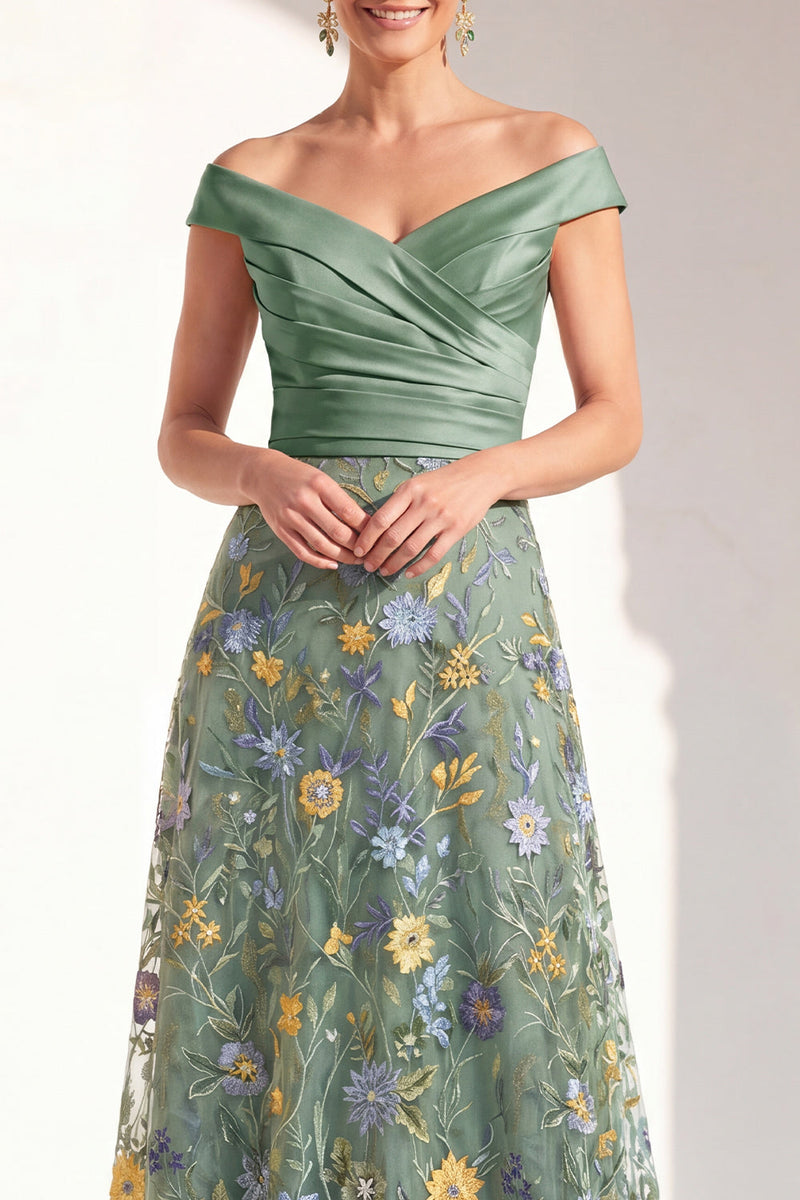 Load image into Gallery viewer, Off the Shoulder Floral Green Ruched Long Mother of the Bride Dress