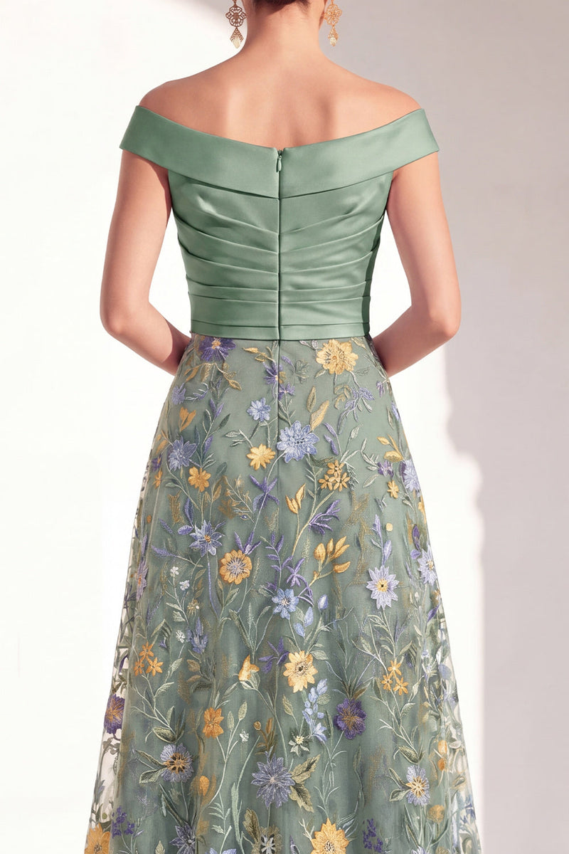 Load image into Gallery viewer, Off the Shoulder Floral Green Ruched Long Mother of the Bride Dress