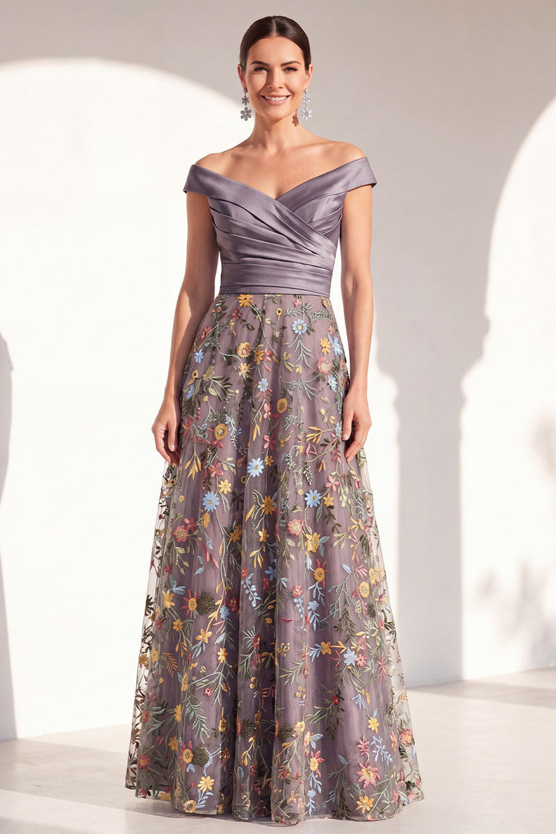 Load image into Gallery viewer, Off the Shoulder Floral Green Ruched Long Mother of the Bride Dress