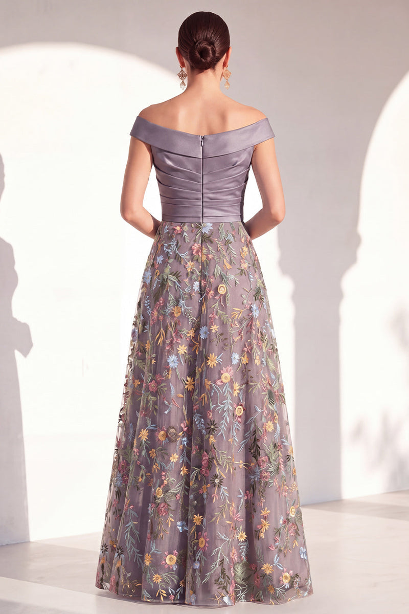 Load image into Gallery viewer, Off the Shoulder Floral Green Ruched Long Mother of the Bride Dress