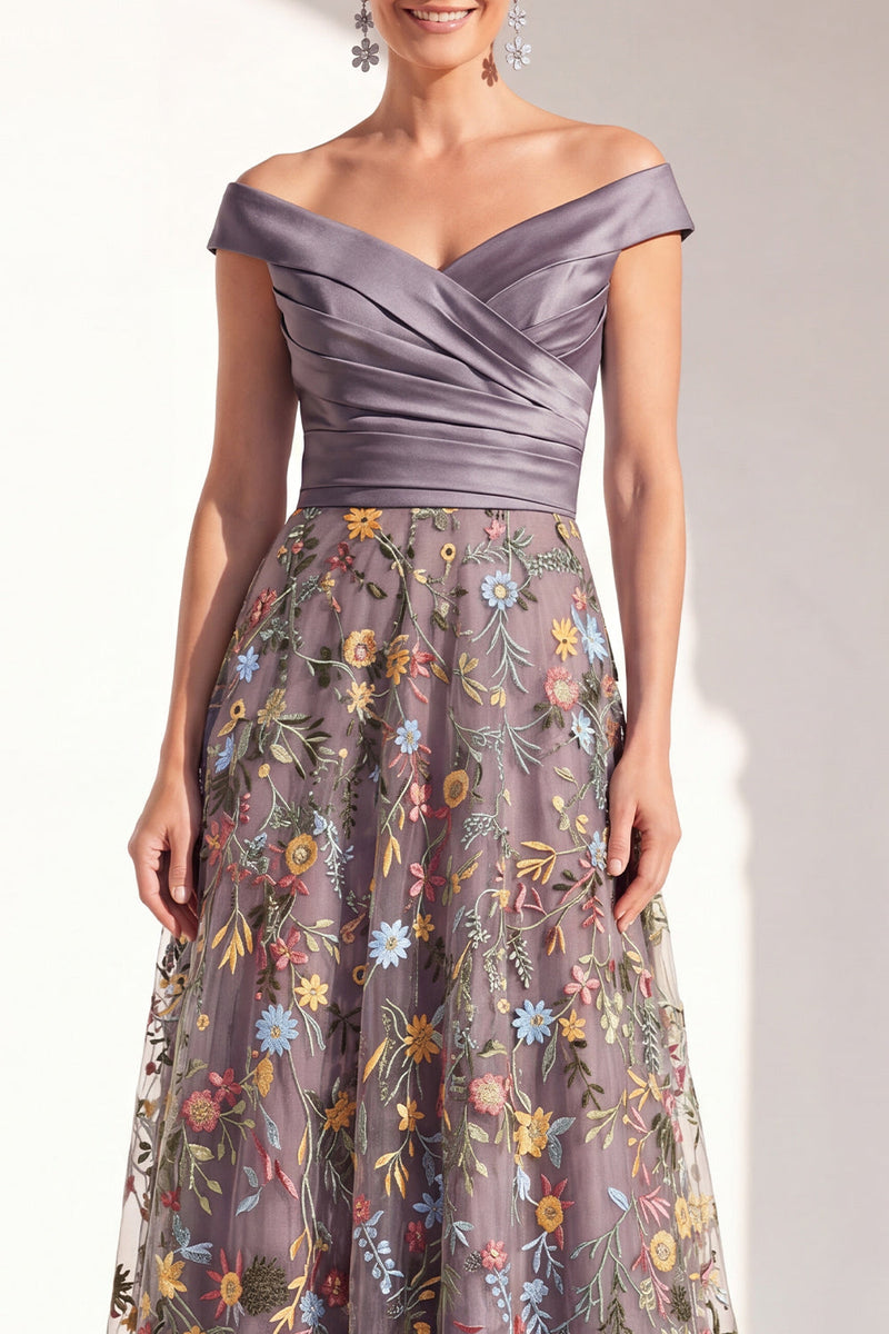 Load image into Gallery viewer, Off the Shoulder Floral Green Ruched Long Mother of the Bride Dress