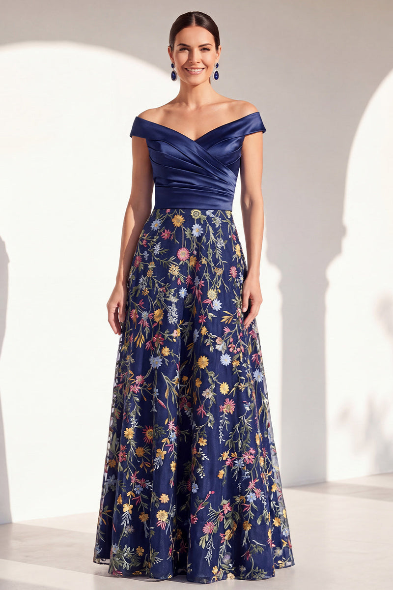 Load image into Gallery viewer, Off the Shoulder Floral Green Ruched Long Mother of the Bride Dress