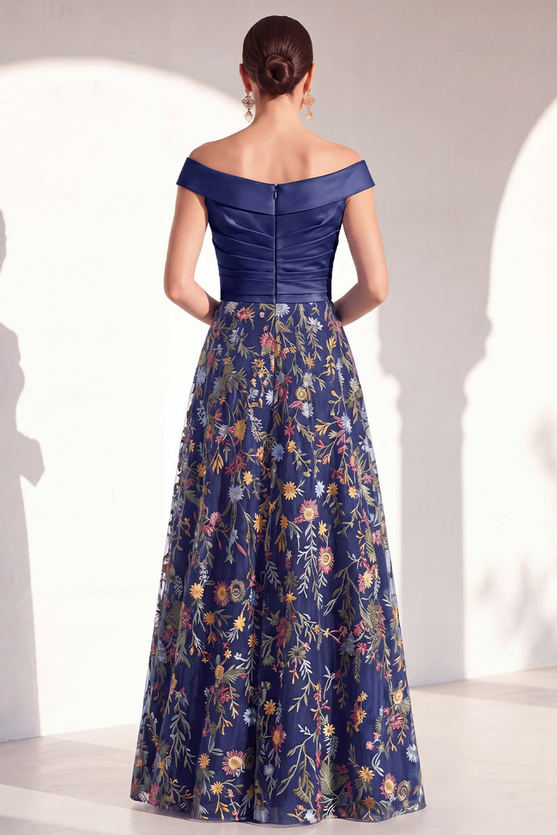 Load image into Gallery viewer, Off the Shoulder Floral Green Ruched Long Mother of the Bride Dress