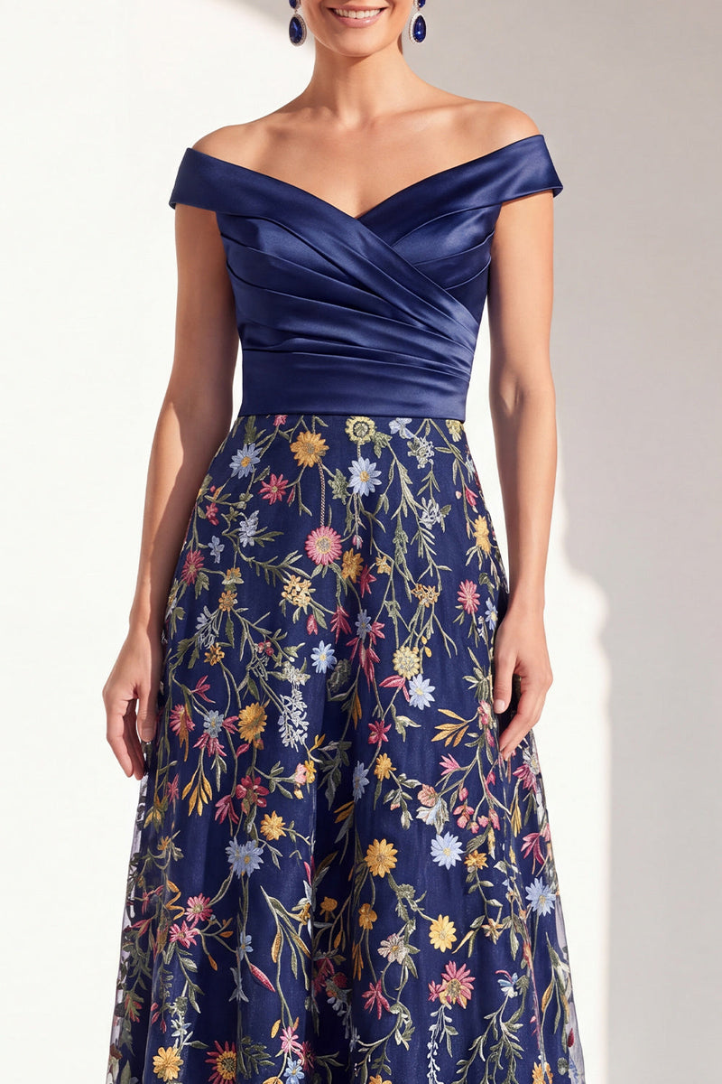 Load image into Gallery viewer, Off the Shoulder Floral Green Ruched Long Mother of the Bride Dress