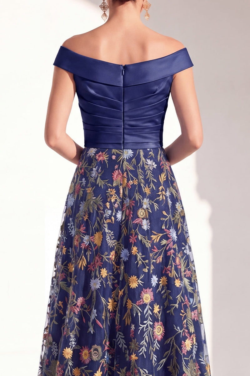 Load image into Gallery viewer, Off the Shoulder Floral Green Ruched Long Mother of the Bride Dress