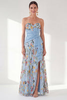Load image into Gallery viewer, Strapless Blue Floral Long A Line Mother of the Bride Dress with Slit