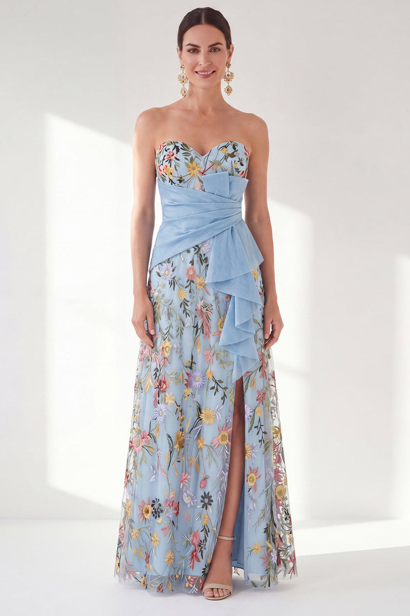 Load image into Gallery viewer, Strapless Blue Floral Long A Line Mother of the Bride Dress with Slit