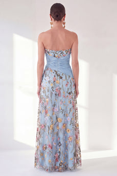 Strapless Blue Floral Long A Line Mother of the Bride Dress with Slit
