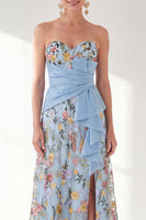Load image into Gallery viewer, Strapless Blue Floral Long A Line Mother of the Bride Dress with Slit
