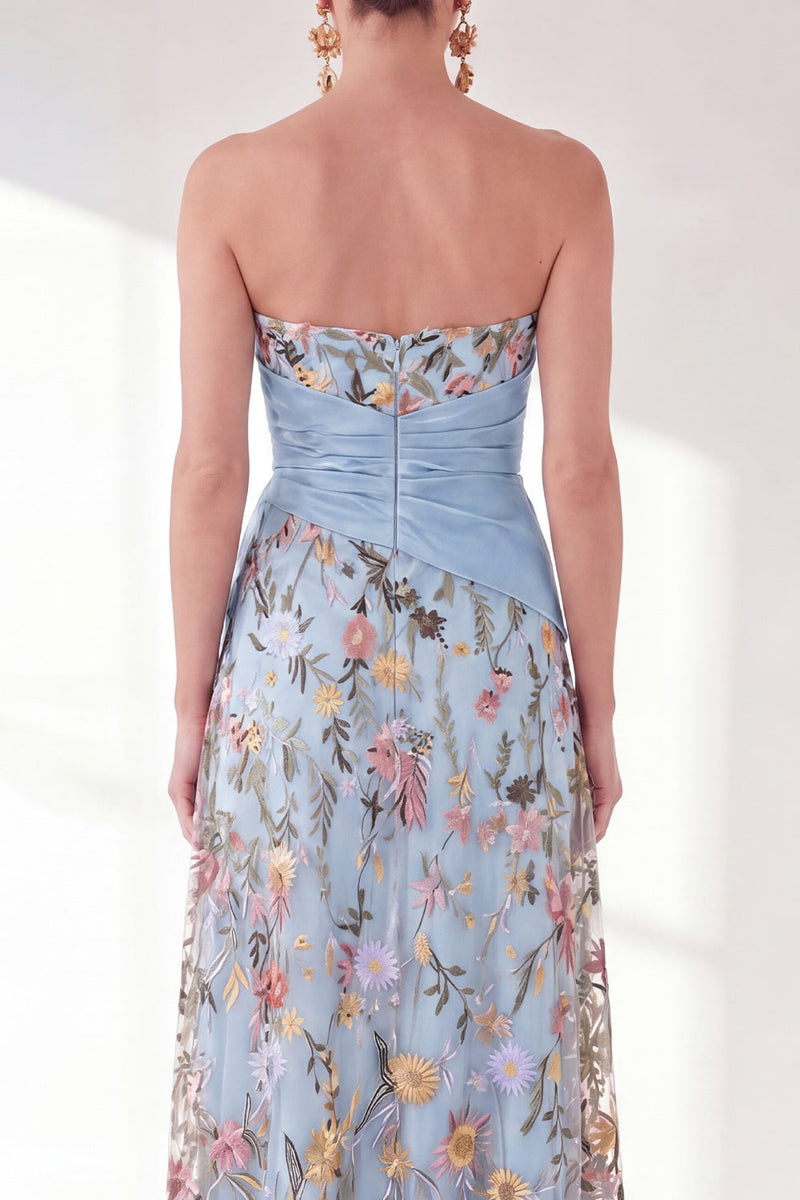 Load image into Gallery viewer, Strapless Blue Floral Long A Line Mother of the Bride Dress with Slit
