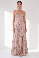 Load image into Gallery viewer, Strapless Blue Floral Long A Line Mother of the Bride Dress with Slit