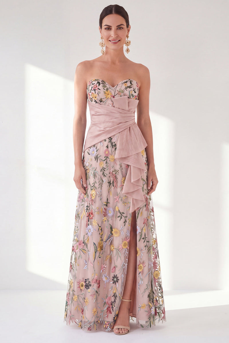 Load image into Gallery viewer, Strapless Blue Floral Long A Line Mother of the Bride Dress with Slit