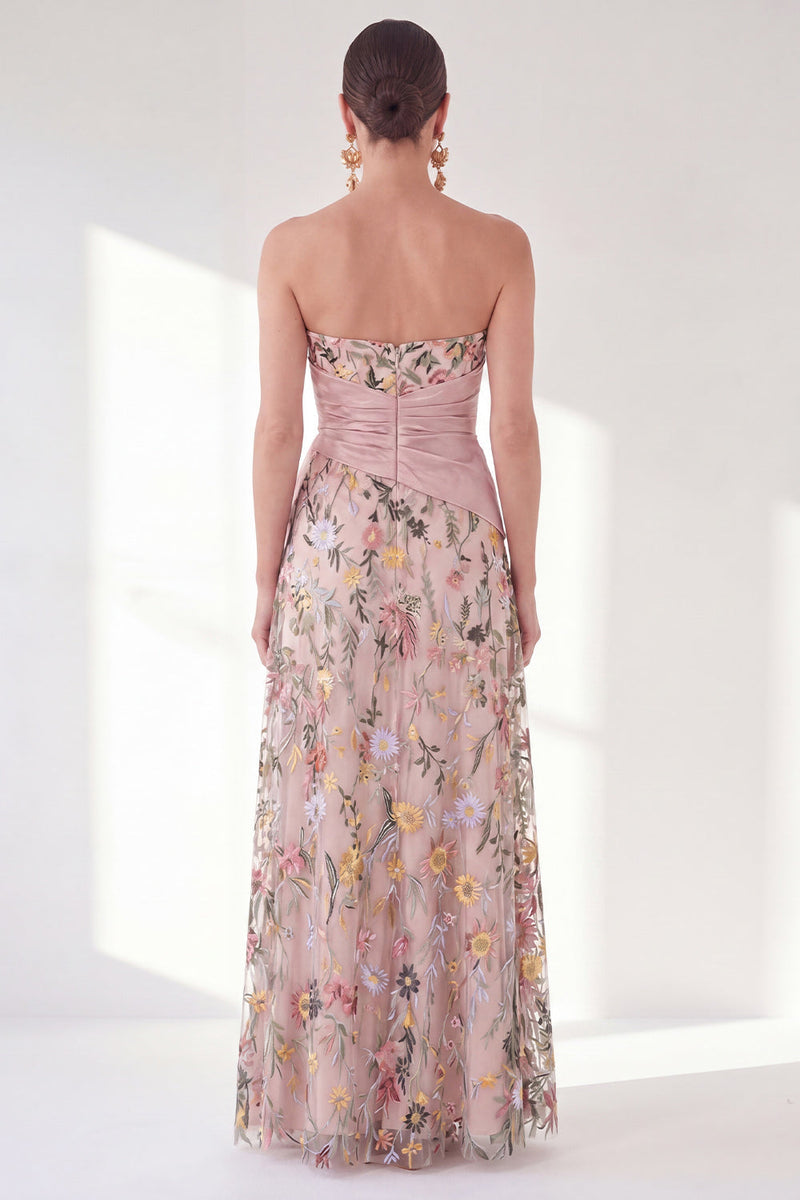 Load image into Gallery viewer, Strapless Blue Floral Long A Line Mother of the Bride Dress with Slit