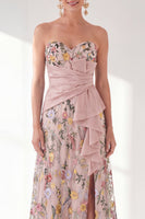 Load image into Gallery viewer, Strapless Blue Floral Long A Line Mother of the Bride Dress with Slit