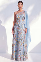 Load image into Gallery viewer, Floral One Shoulder Blue Long A Line Mother of the Bride Dress with Side Cape