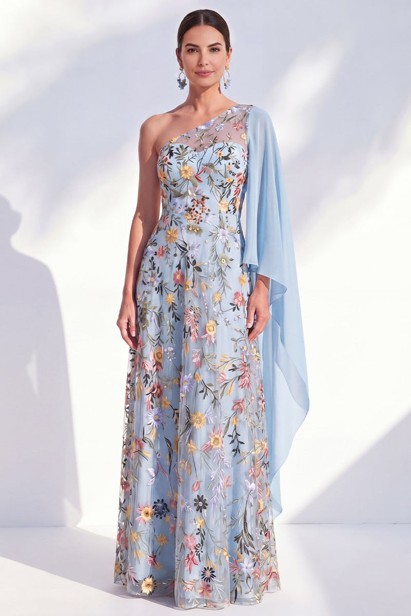 Load image into Gallery viewer, Floral One Shoulder Blue Long A Line Mother of the Bride Dress with Side Cape