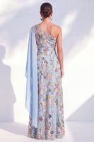 Load image into Gallery viewer, Floral One Shoulder Blue Long A Line Mother of the Bride Dress with Side Cape
