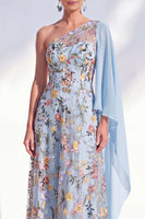 Load image into Gallery viewer, Floral One Shoulder Blue Long A Line Mother of the Bride Dress with Side Cape
