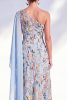 Load image into Gallery viewer, Floral One Shoulder Blue Long A Line Mother of the Bride Dress with Side Cape