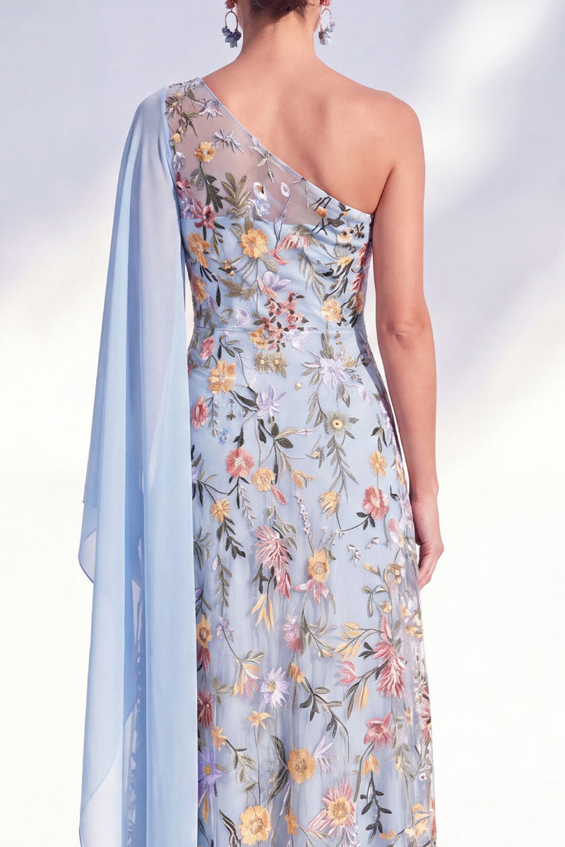 Load image into Gallery viewer, Floral One Shoulder Blue Long A Line Mother of the Bride Dress with Side Cape