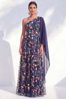 Load image into Gallery viewer, Floral One Shoulder Blue Long A Line Mother of the Bride Dress with Side Cape